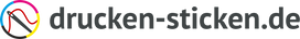 Zeigt das Firmenlogo. Eine Nadel mit Faden in einem CMYK-farbenen Kreis. Dahinter der Text drucken-sticken.de